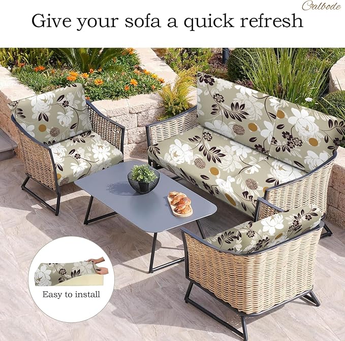 CALBODE 12 Pcs Waterproof Patio Cushion Covers, Floral Printed Stretch Outdoor Sofa Cover for Patio Furniture, Washable Chair Covers Reusable Furniture Protector (Brown,Cushions Not Included)