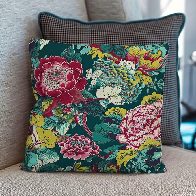 Chinoiserie Red Peony Floral Pillowcase Green and Pink Pillows 20x20 INAbstract Accent Outdoor Garden Decoration for Patio Couch Sofa