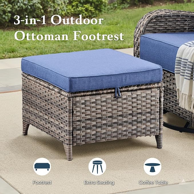 Belord Luxury 6" Thick Cushioned 11 Pieces Patio Furniture Set with Fire Pit Table, Wicker Outdoor Conversation Set with High Back Swivel Rocker Chairs for Deck Porch Yard and Poolside - Grey+Blue