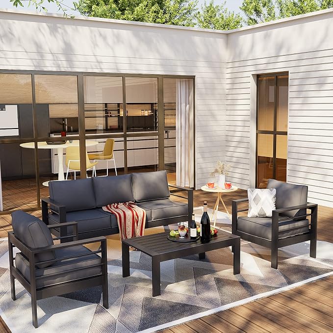 Amopatio Aluminum Patio Furniture Set, 6 Pieces Modern Patio Conversation Sets, Outdoor Sectional Metal Sofa with Coffee Table for Balcony, Garden, Dark Grey (Included Waterproof Covers)