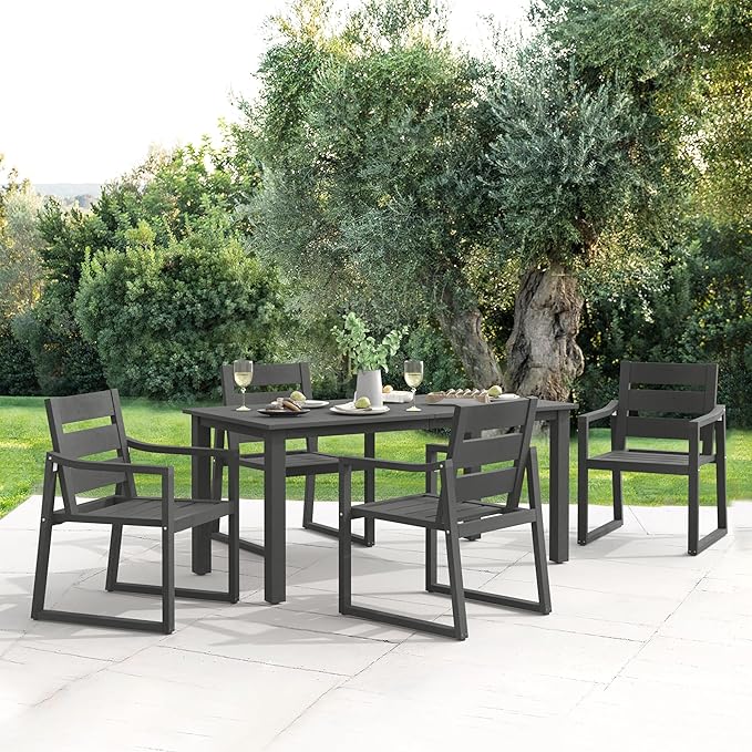 Cozyman Patio Table and Chairs Set, HDPS Outdoor Dining Set for 6, Patio Furniture for Deck, Poolside, and Backyard, Dark Gray