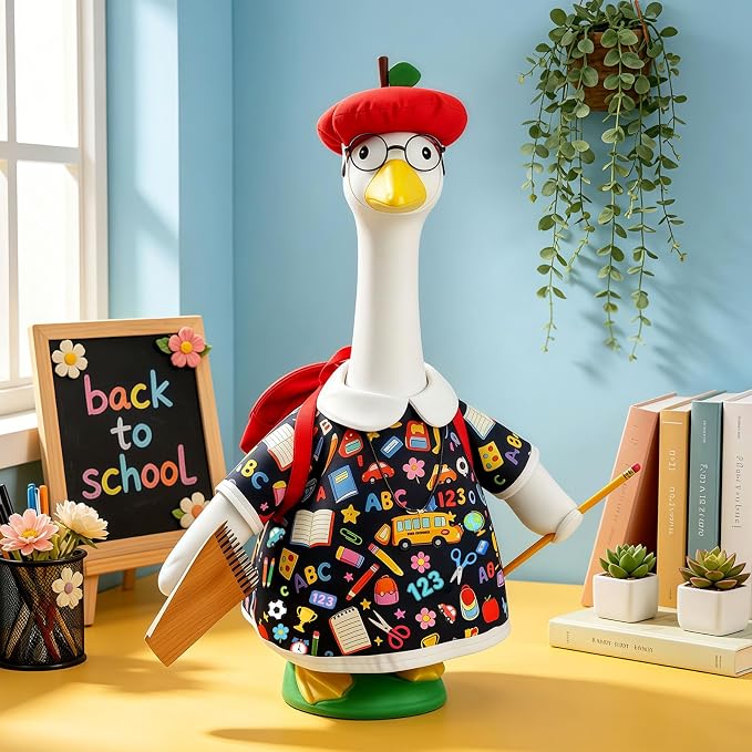 Back to School Porch Goose Outfits for 17''/23'' Goose Statues, First Day of School Goose Clothes with Apple Hat, Glasses, Pencil, Notebook, Backpack for School & Classroom Decor