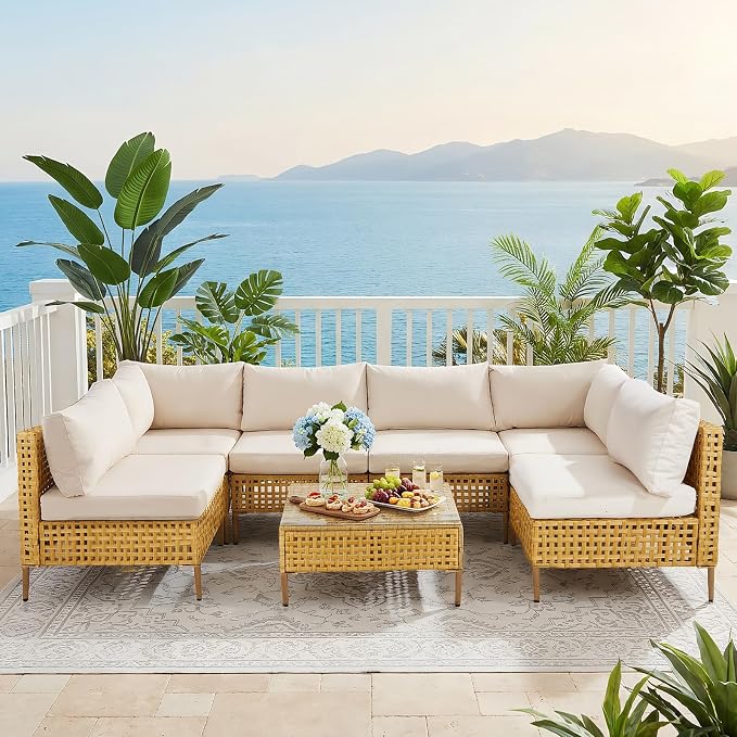 VINGLI 7 Piece Patio Sectional Furniture Set, Wicker Outdoor Furniture with Thick Cushions and Coffee Table, Outdoor Couch Conversation Sets for Garden, Backyard, Pool