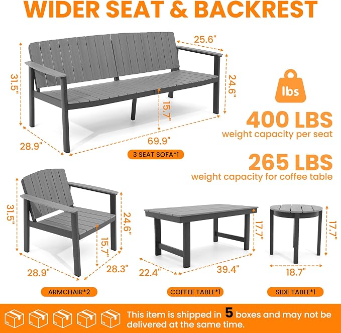 Aluminum Patio Furniture Set, Outdoor Furniture Set 5 Pieces Aluminum Frame HDPS Faux Wood, All Weather Conversation Set for Backyard, Garden, Poolside Grey