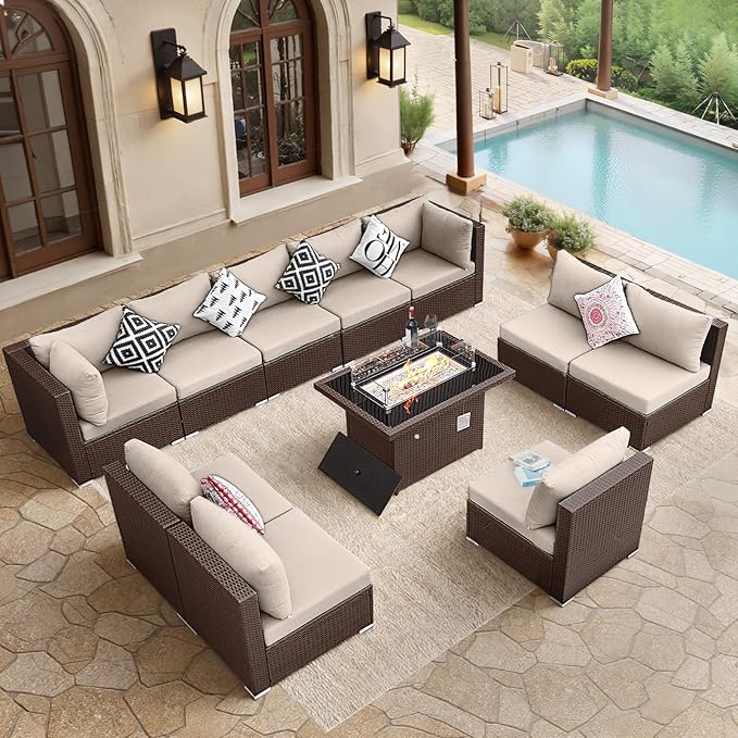 BULEXYARD 11 Piece High Back Wicker Patio Furniture Sets with Fire Pit, Luxury Plus Size Outdoor Seating Set, Comfortable Extra Wide Deep 10-Seater Sectional Couch Sofa for Outside, Brown & Beige