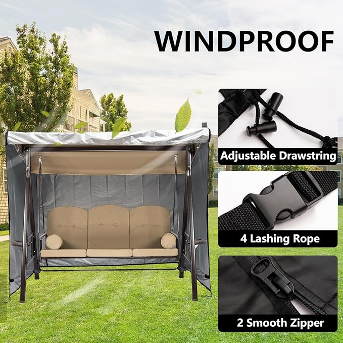 Outdoor Swing Cover 3 Triple Seater Waterproof Garden Patio Proch Swing Cover All Weather Protection 3 Seat Swing Canopy Covers Black (L86 x D60 x H72 inches)