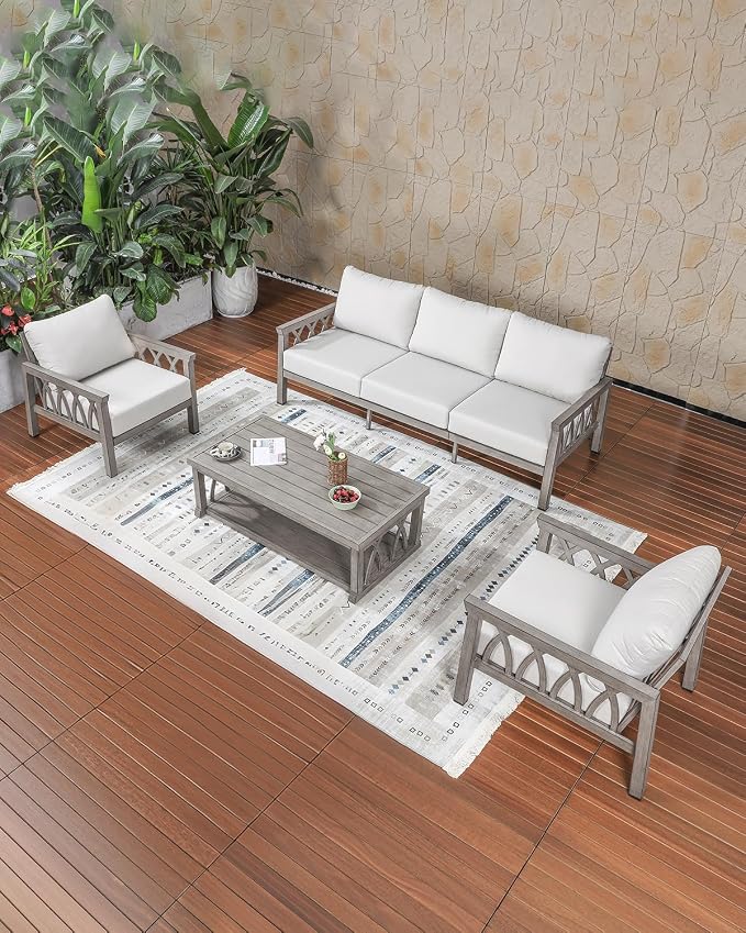 Aluminum Outdoor Patio Furniture Set, 4-Piece Outdoor Sofa Set with 3-Seat Sofa, 2 Armchairs & Coffee Table, Outdside Sofa Set Patio Conversation Set with Cushions for Deck, Balcony, Limed Oak