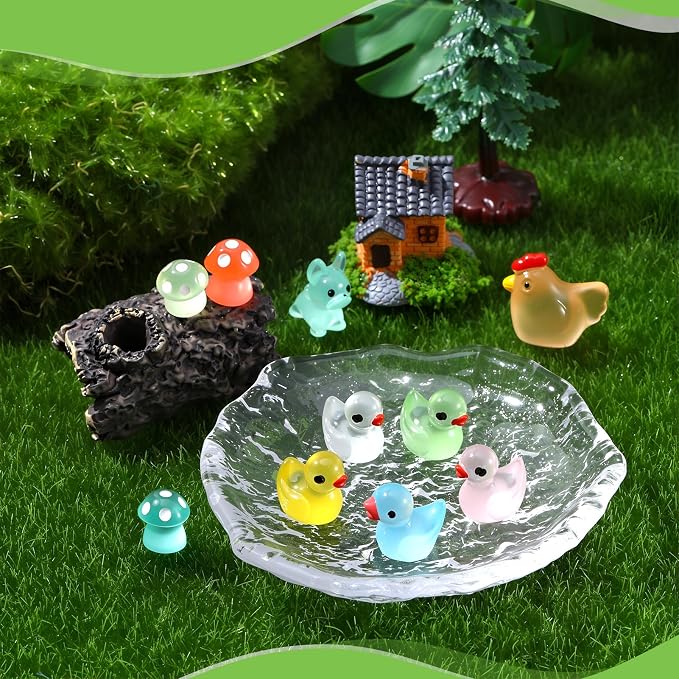190PCS Luminous Mini Resin Ducks Tiny Glow in The Dark Duck Chickens Rabbit Frogs Dolphin Mushroom Puppy Resin Miniature Animals for Landscape Dollhouse Garden Decoration