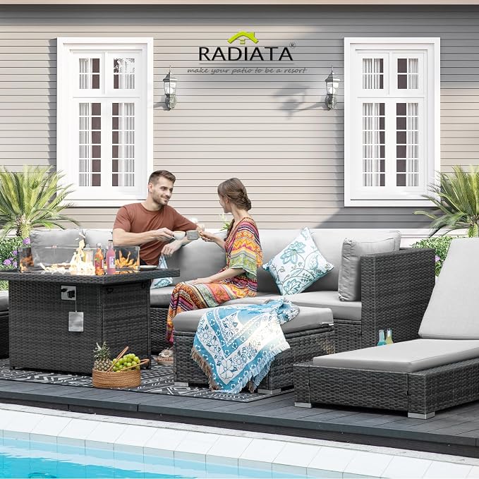 RADIATA 9 Piece Wicker Patio Furniture Set with Fire Pit, All-Weather Outdoor Sectional Couch High Back Large Size, Modular Backyard Seating Sofa Set with Propane/Natural Gas Firepit Table, Light Grey