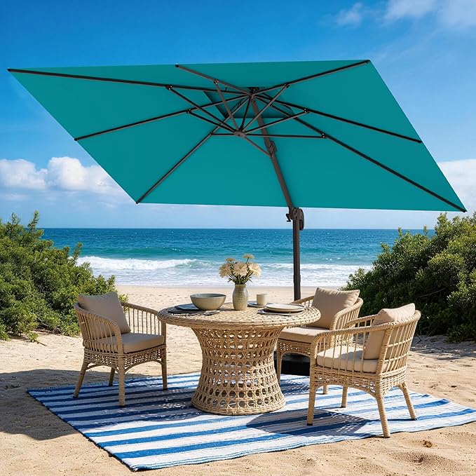 HASLE OUTFITTERS 9x12 FT Patio Cantilever Umbrella, Outdoor Offset Large Rectangular Heavy Duty Double Top Umbrellas with 360° Rotation for Pool Garden Deck,Turquoise
