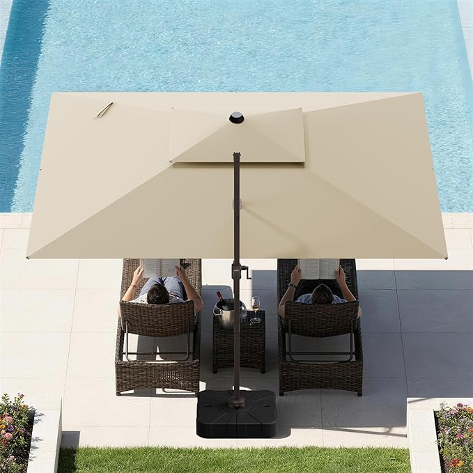 GENTEACO 9x12FT Cantilever Patio Umbrella with Base Included, Double Top Rectangle Offset Umbrella 7 Angle Tilts & 360° Rotation, Large Heavy Duty Outdoor Sun Umbrella for Pool Market, Beige