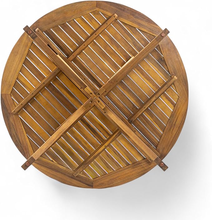 Christopher Knight Home Neeko Acacia Wood Patio Dining Set for 4, Solid Wood Outdoor Dining Table Set for 4, Round Dining Table and Chairs Set of 4, Teak+Light Brown