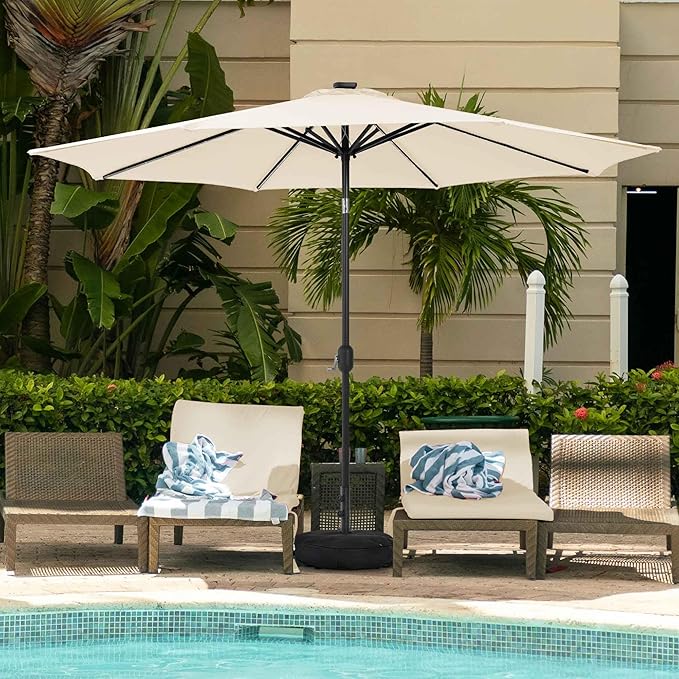 Sundale Outdoor Solar 88 LED 10 ft Patio Umbrella with Sand Bag Umbrella Base, Outdoor Umbrella with Tilt and Crank, Beige