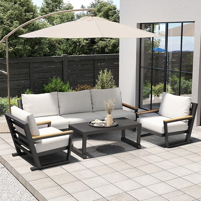 Aluminum Outdoor Patio Furniture Set with Coffee Table,4 Piece Patio Conversation Sets with Washable Thick Cushions, Outdoor Sectional Furniture Set for Porch, Balcony, Deck, Yard, Grey