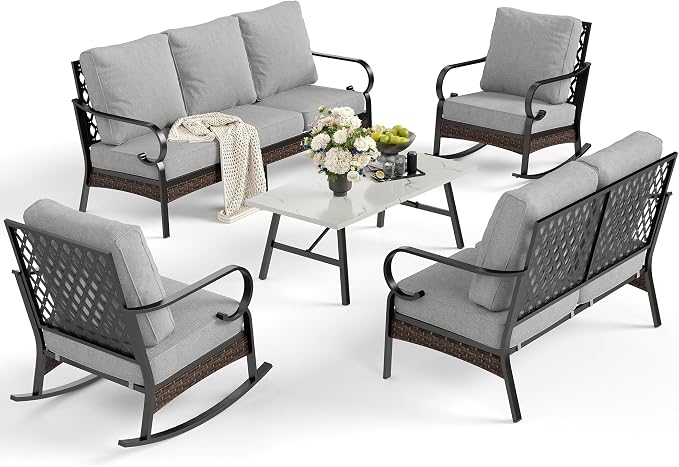 Sunshine Valley 5 Piece Metal Outdoor Patio Furniture Set, 3-Seater Sofa, 2-Seater Sofa, 2 Rocking Chairs With 5.75" Cushion & Coffee Table In Black And Light Gray