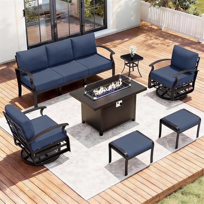ALAULM Aluminum Patio Furniture Set with Propane Fire Pit Table 7-seat Metal Outdoor Furniture w/Swivel Chairs Patio Sectional Sofas w/2 Ottomans for Porch, Backyard, Poolside-Dark Blue