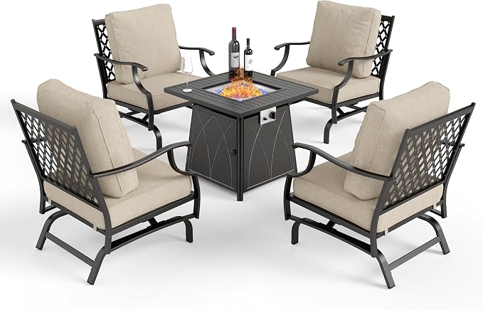 MIXPATIO Patio Furniture Set with Fire Pit Table, 5 Pcs Metal Outdoor Conversation Set, 4 Rocking Chairs with 5.75" Extra Thick Cushion and 28" Fire Pit Table for Backyard Deck, Beige