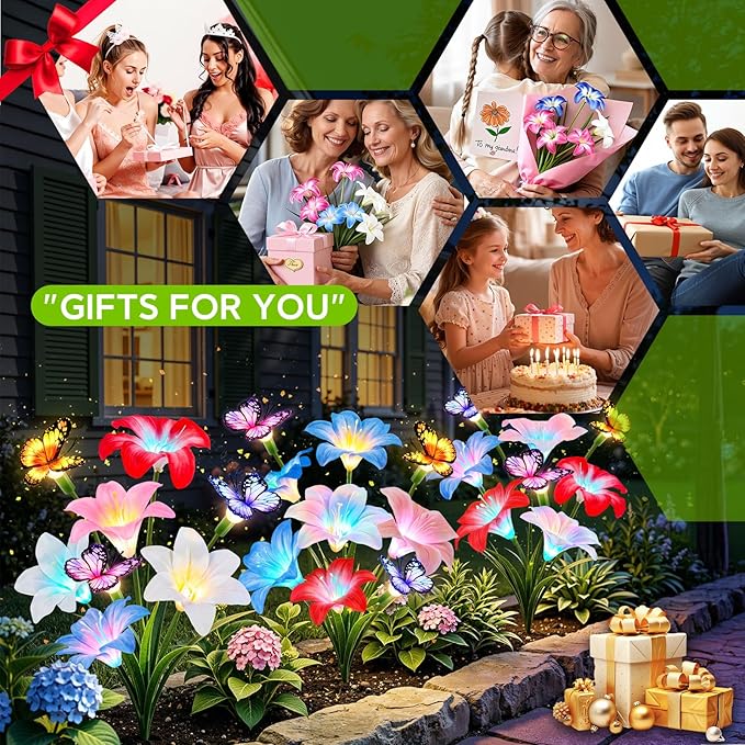 Solar Garden Lights Outdoor, 4 Pack Lily Solar Flowers with Butterfly, 32 LED 800mAh Waterproof Solar Flowers for Outside, 7 Color Changing Adjustable Stems for Yard Patio Garden Decor, Gift for Mom
