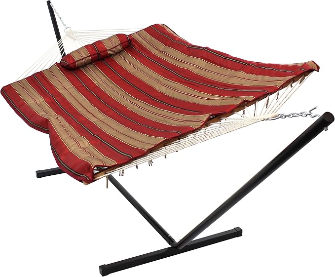 Sunnydaze Rope Double Hammock with Stand for Outside - Heavy Duty Freestanding Portable Outdoor Hammock Set with Quilted Pad, Pillow, and 12-Foot Steel Frame - 450 lb Capacity - Awning Stripe