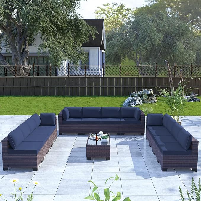Kullavik 14PCS Outdoor Patio Furniture Set PE Wicker Rattan Sectional Sofa Patio Conversation Sets,Navy Blue