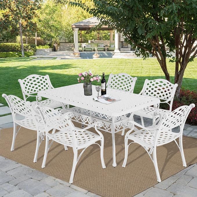 MEETWARM 7 piece Outdoor Patio Dining Set for 6 Seater Dining Table Set, All-Weather Cast Aluminum Patio Conversation Set for Garden with 6 Chairs, 1 Rectangular Table, 2" Umbrella Hole, White