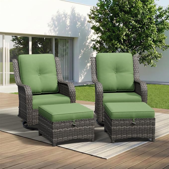 4 Piece Outdoor Wicker Patio Furniture Set, Outdoor Swivel Rocker Patio Chairs Set with Thickened Olefin Cushions, High Back and Deep Seating, Hand-Woven PE Rattan, Ottoman for Porch, Deck