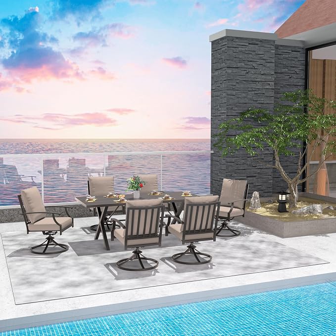 7-Piece Patio Dining Set Outdoor Conversation Set,Metal Outdoor Furniture Set with Umbrella Hole Cut-Out 78.7" x 35.4" Table and 6 Metal Backrest Swivel Chairs for Backyard,Garden,Sand
