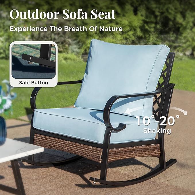 MIXPATIO Patio Furniture Set with Fire Pit Table, Metal Outdoor Conversation Set with 5.75'' Extra Thick Cushion, 2 Rocking Chairs, Loveseat Sofa, 3-Seat Sofa and Gas Fire Pit Table, Blue