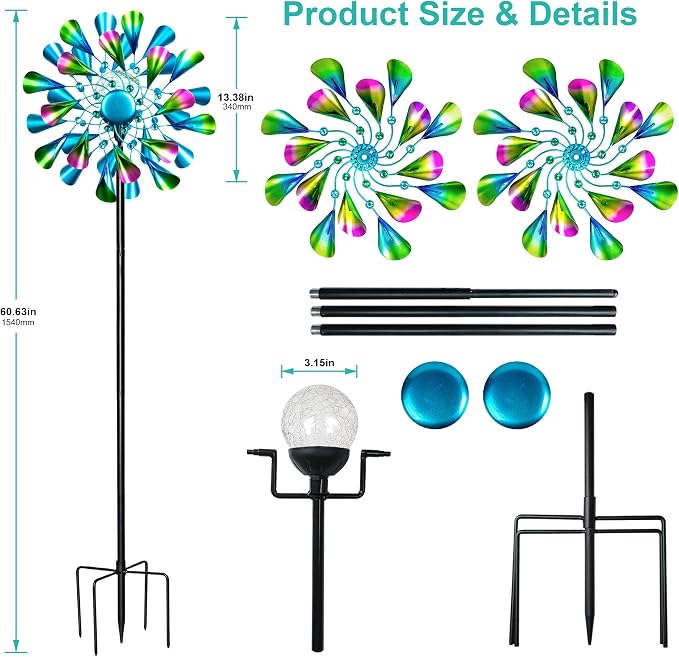 Solar Wind Spinner Outdoor Metal - Peacock Kinetic Garden Sculptures with Color-Changing LED Lights, Waterproof Wind Catchers Yard Art Decor for Patio Lawn, for Women (Green)