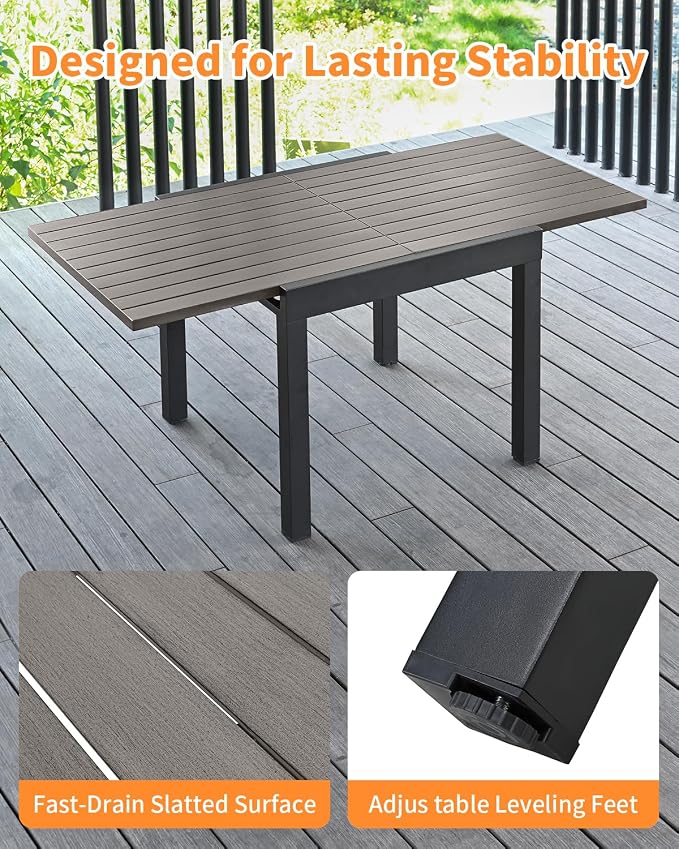 5 Pieces Outdoor Dining Set, Never-Rust Aluminum Expandable Patio Dining Table Set, 32"-65" Extendable Patio Table and Stackable Textilene Dining Chairs for Backyard, Deck, Indoor, Limed Oak