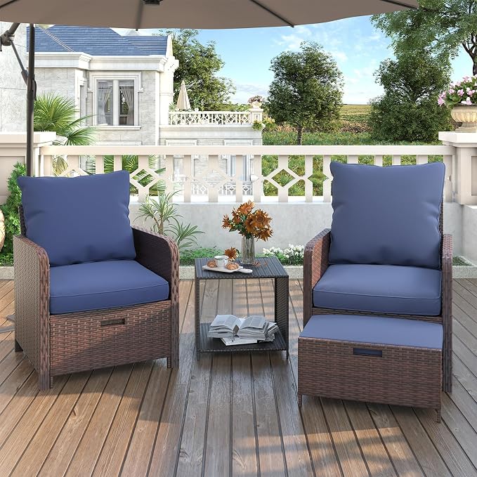 UDPATIO Balcony Furniture Patio Chairs with Hidden Ottoman 5 Piece Patio Furniture Set with Side Table for Front Porch, Blue Cushion