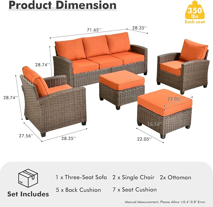 CAODOC Patio Furniture Sets, Outdoor Wicker Furniture with Ottomans, 5 Pieces Outdoor Sofa Couch Conversation Set with Cushioned Rattan Chairs for Garden Poolside Backyard, Red