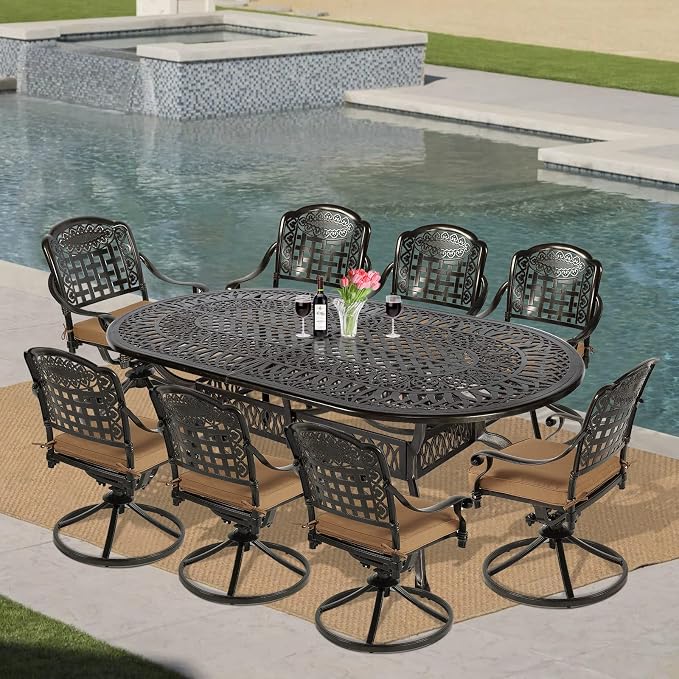 VIVIJASON 9-Piece Outdoor Patio Furniture Dining Set, All-Weather Cast Aluminum Conversation Set, Include 8 Swivel Dining Chairs and an Oval Table with Umbrella Hole for Lawn Garden Backyard