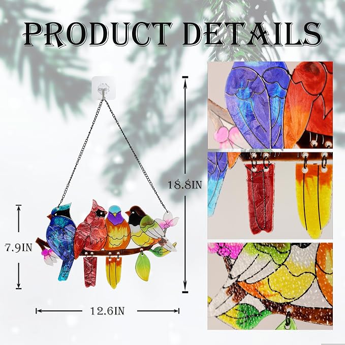 DASTOLL Stained Glass Window Hanging, Birds on A Branch Stain Glass Suncatcher, Hand-Painted Sun Catchers Indoor Window Decoration Bird Lover Gift for Mom, Grandma, Stocking Stuffers for Women