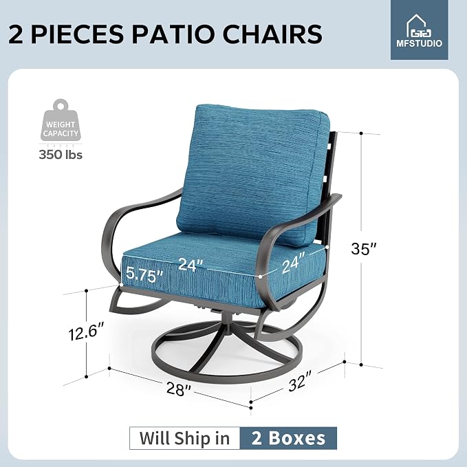 MFSTUDIO Metal Patio Conversation Sets, Outdoor Furniture Sofas Set of 2, 2 Pieces Durable Steel Frame Patio Swivel Chairs with 5.8" Peacock Blue Cushions for Patio Garden Backyard Balcony