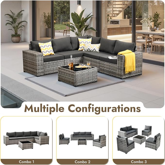 6 Pieces Patio Furniture Set, Wicker Outdoor Sectional Sofa with Coffee Table Comfy Cushions,Modern Modular Deep Seat Rattan Couch Conversation Set for Backyard Porch Yard,Black