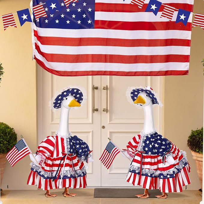 4th of July Porch Goose Outfit Patriotic Geese Clothes for 23" High Cement or Plastic Goose Costume for Yard Lawn Outdoor Garden 250th Anniversary Duck Statue Dresses Independence American Flag Decor