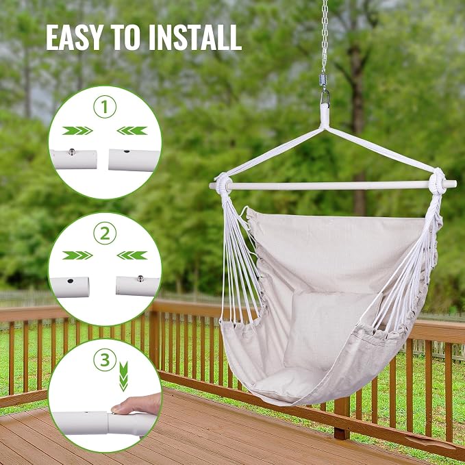 Backyard Expressions Hanging Hammock Chair Swing with Cushions & Hanging Kit – 500 lb Capacity, Cotton Blend Fabric, for Indoor/Outdoor Use – Includes Chain, Hooks & Spring – 5 Colors