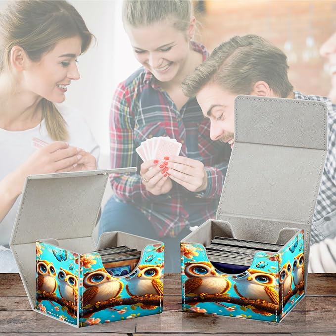 Card Deck Box for MTG, Cards Storage Box Fits 120+ Sleeved, Leather Small Size Strong Magnetic Closing Card Case for Board Games Magic TCG CCG Baseball Collection, Owl Blue