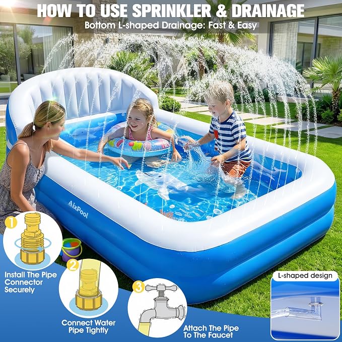 2026 Inflatable Pool with Sprinkler,Durable Blow up Pool with Big Backrest, Rectangle Kid Pool Backyard,Children Swimming Pool,Small Inflatable Kiddie Pool,Outdoor Water Pool for Kid69×39×23IN