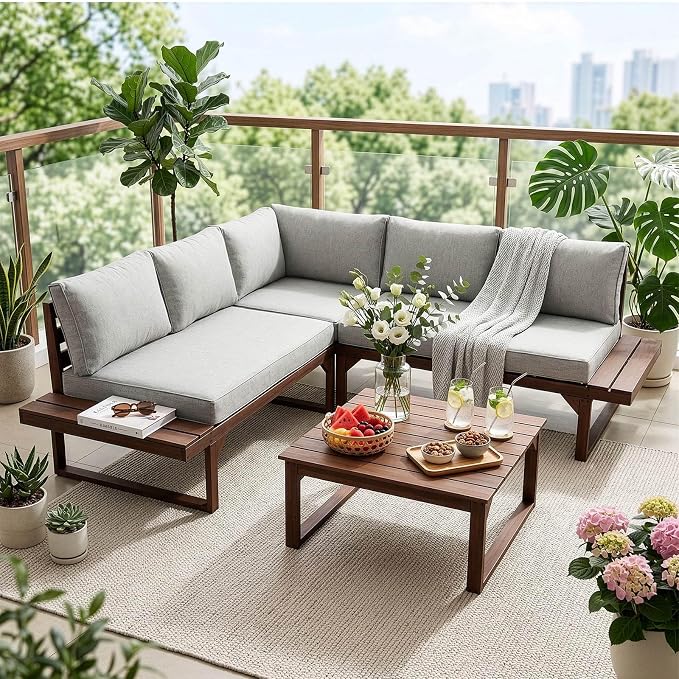 Outvita 4 Piece Wood Patio Furniture, L-Shaped Outdoor Sectional Sofa Set with Coffee Table, Conversation Set with Built-in Side Table, Coffee Table and Gray Cushions for Garden