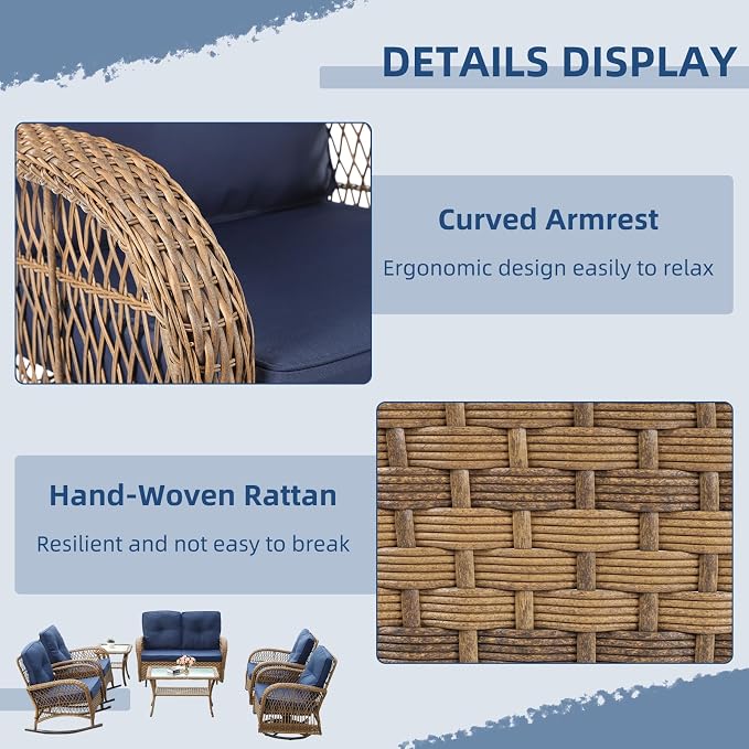 7-Piece Wicker Patio Furniture Sets Outdoor All-Weather Rattan Conversation Set Includes Glider Loveseat, 2 Glass-Top Coffee Tables, 2 Swivel-Rocker Chairs for Porch Backyard, Navy Blue