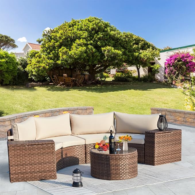 ECOTOUGE 7 Piece Patio Furniture Sets, Half-Moon Circle Conversation Set, Curved Wicker Outdoor Sectional with 2 Storage Armrests and Glass Coffee Table, Garden Balcony and Backyard (Beige)