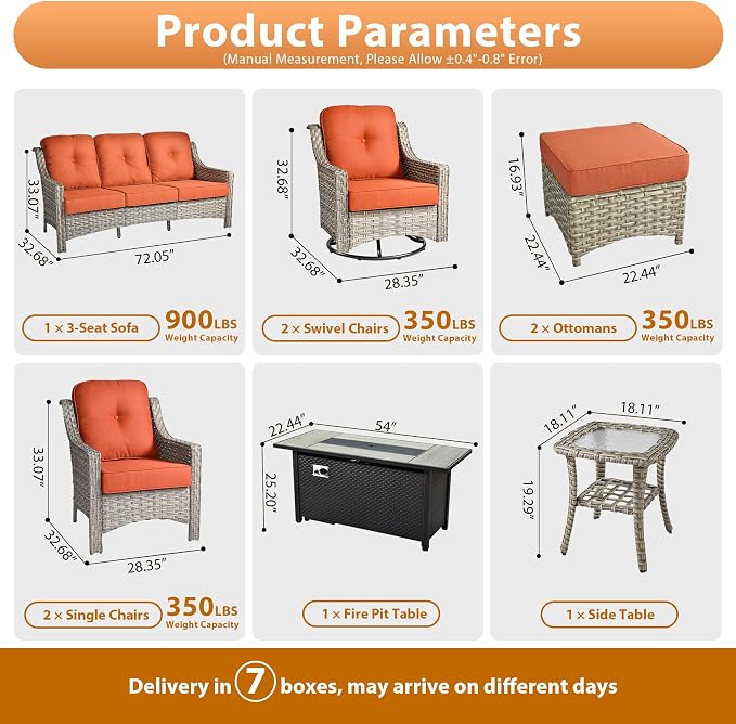 9 PCS Outdoor Patio Furniture Sets,Patio Conversation Sets Outside Rattan Soft Cushion Sofa with 2 Wicker Rocking Chairs & 54 in Fire Pit Table Fit Backyard Porch Garden Poolside Balcony,Orange Red