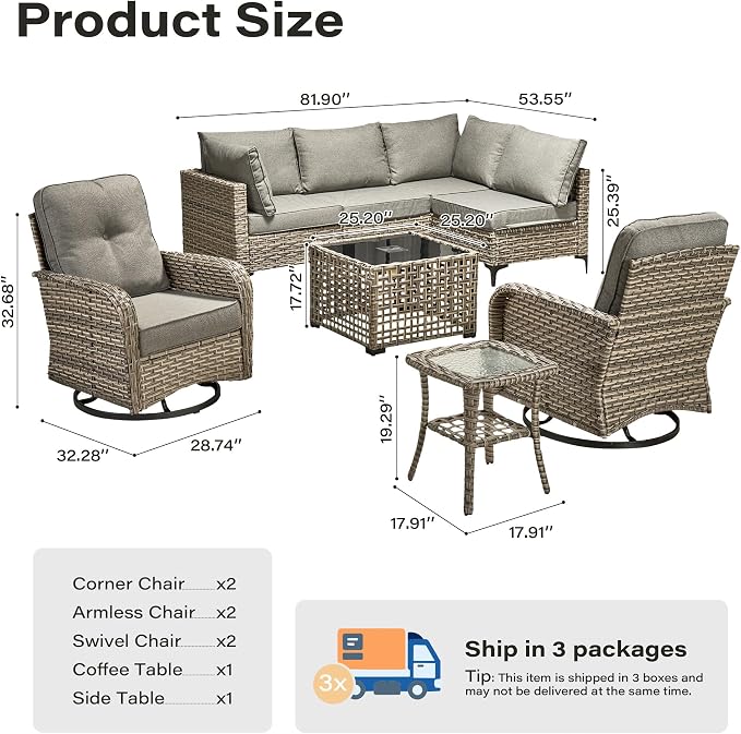 8 Pieces Outdoor Sectional Patio Furniture Set with Swivel Rocking Chairs,Conversation Sets Rattan Wicker L Shaped Couch,Modular Outdoor Sofa for Porch Balcony Backyard Dark Grey