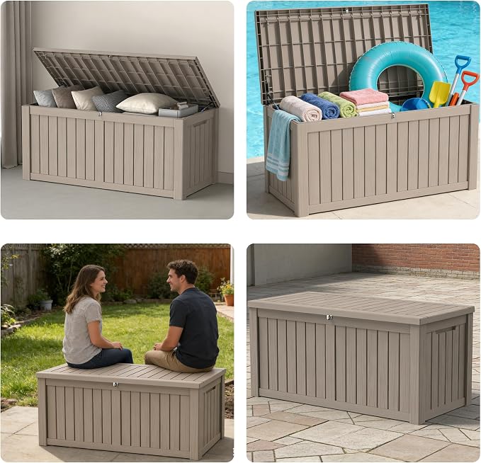 150 Gallon Outdoor Storage Box Resin Deck Box All Weather Waterproof Large Lockable Storage Container Deck Box for Patio Furniture, Garden Tools, Lockable, Grey