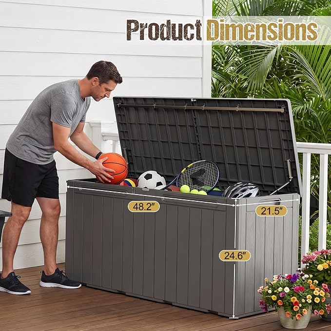 110 Gallon Deck Box Outdoor Indoor Waterproof Storage Box for Patio Furniture, Pool Accessories, Garden Tools, and Cushion Storage, Coffee