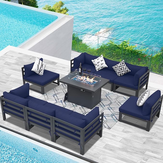 RADIATA 9 Piece Large Modern Aluminum Outdoor Patio Furniture Set with Fire Pit Table, 29 inch Wide Deep Seat, Rust Proof Comfy Sectional Sofa, 500 lbs Sturdy Front Yard Conversation Set, Navy Blue