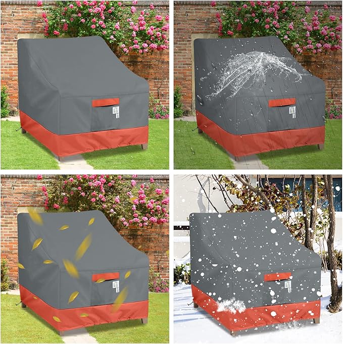 Outdoor Chair Covers Waterproof 600D Heavy Duty - All Weather Patio Furniture Covers for Lounge Chairs, Sofa, Cushions with Adjustable Straps & Windproof Design (2 Pack Red/Grey,Medium)
