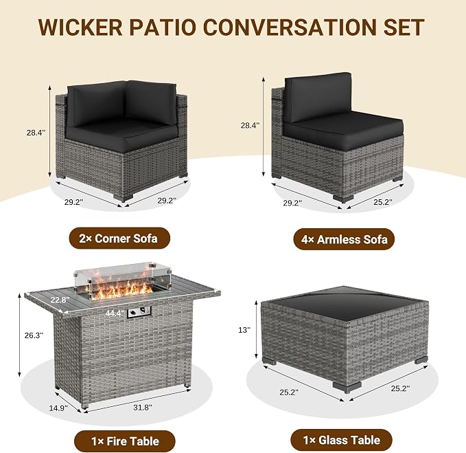Patio Furniture Set with 44'' Propane Gas Firepit Table, 8 PCS Modular Outdoor Sectional Conversation Sets, All-Weather Wicker Patio Set for Backyard, Black (Waterproof Covers Included)